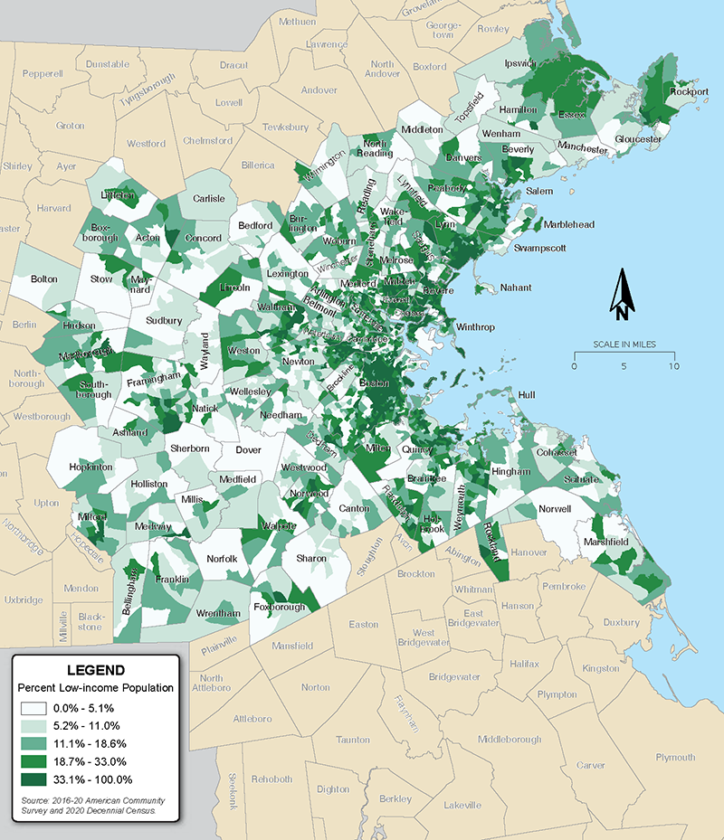 Figure 3 is a map that shows the percent of the population that has a low income in Boston region communities.